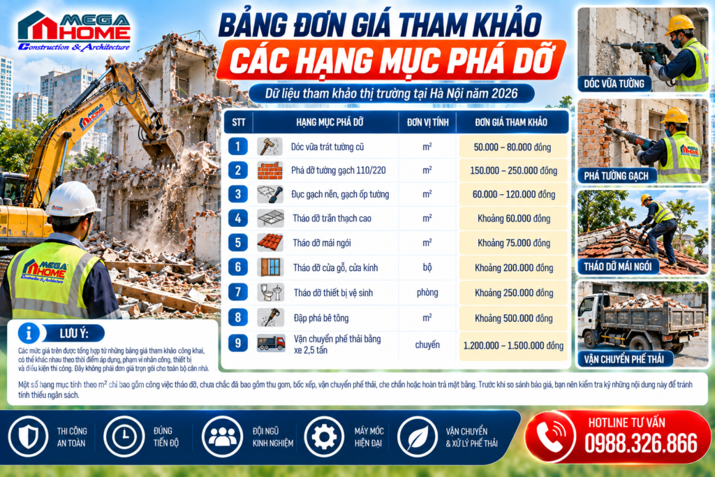 Bảng đơn giá tham khảo các hạng mục phá dỡ