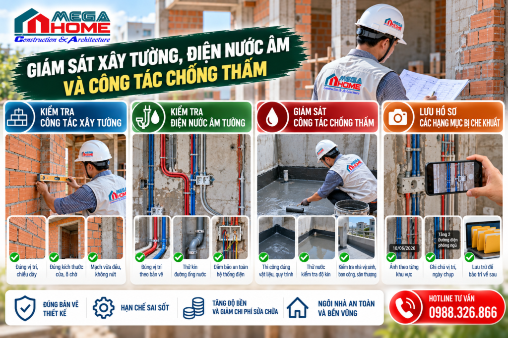 Giám sát xây tường, điện nước âm và công tác chống thấm
