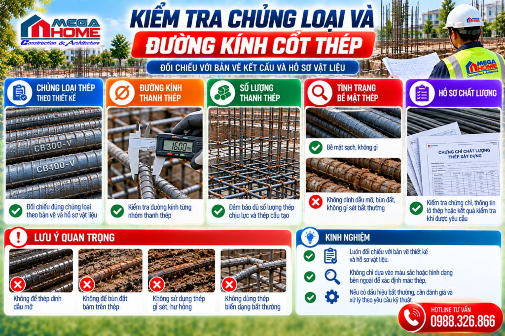 Kiểm tra chủng loại và đường kính cốt thép