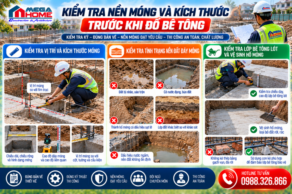 Kiểm tra nền móng và kích thước trước khi đổ bê tông